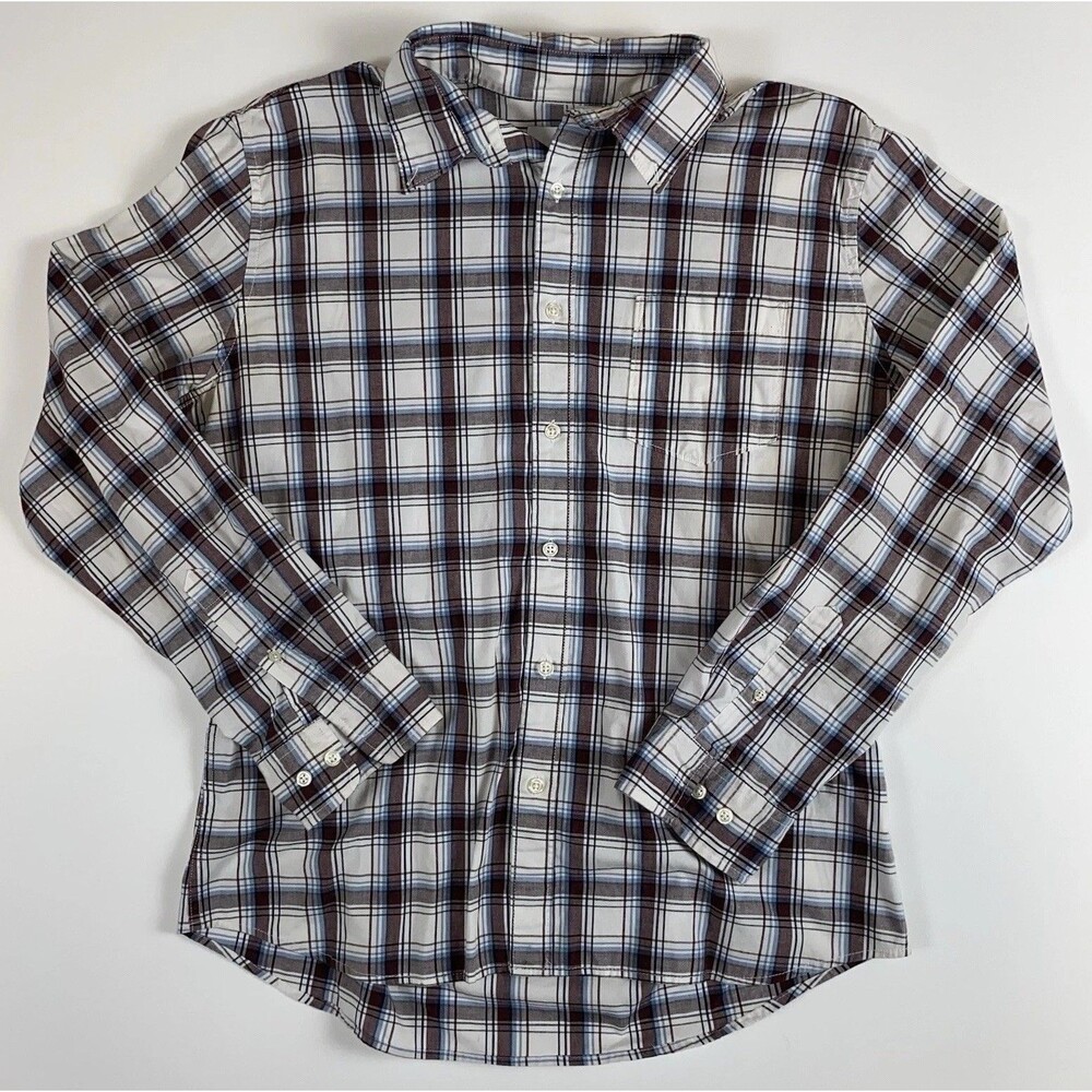 Sonoma Men's L Regular White Blue Brown Plaid Long Sleeve Button-Up Shirt